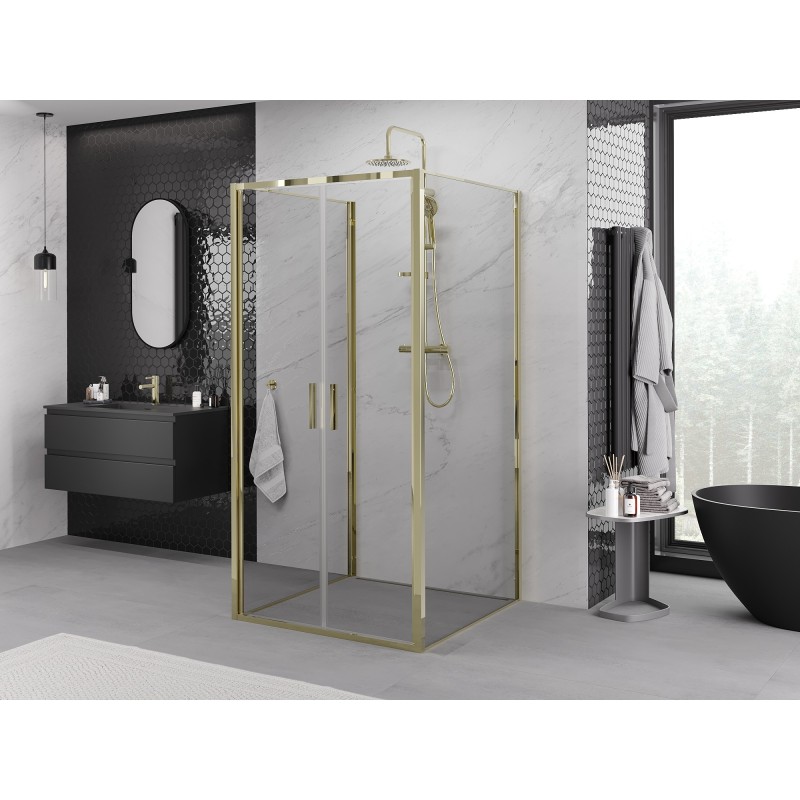 Mexen Exo-3S 90 x 90 cm trijų sienų atidaroma dušo kabina, permatoma, auksinė - 814-090-090-50-00-3S