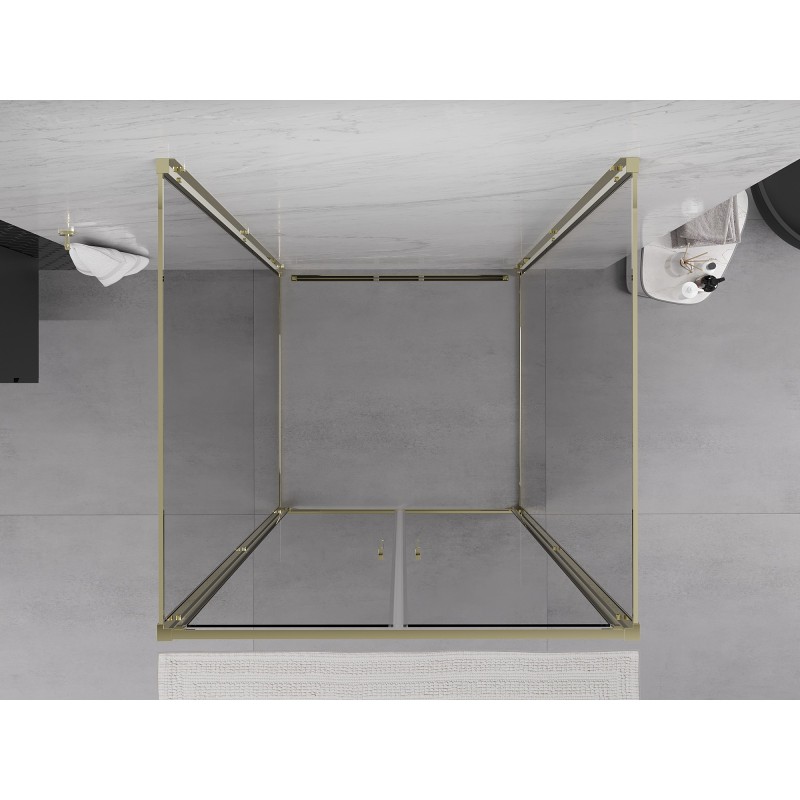 Mexen Exo-3S 90 x 90 cm trijų sienų atidaroma dušo kabina, permatoma, auksinė - 814-090-090-50-00-3S