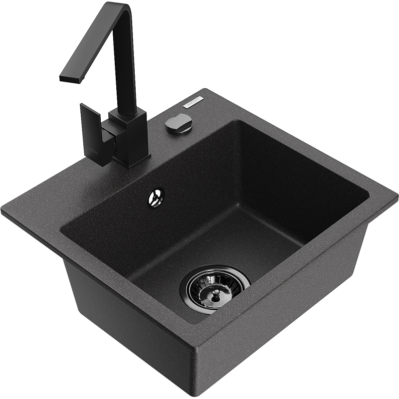 Mexen Milo granitinė vienos plautuvės kriauklė su virtuviniu maišytuvu Rita, juoda dėmėta - 6505-76-670300-70-B
