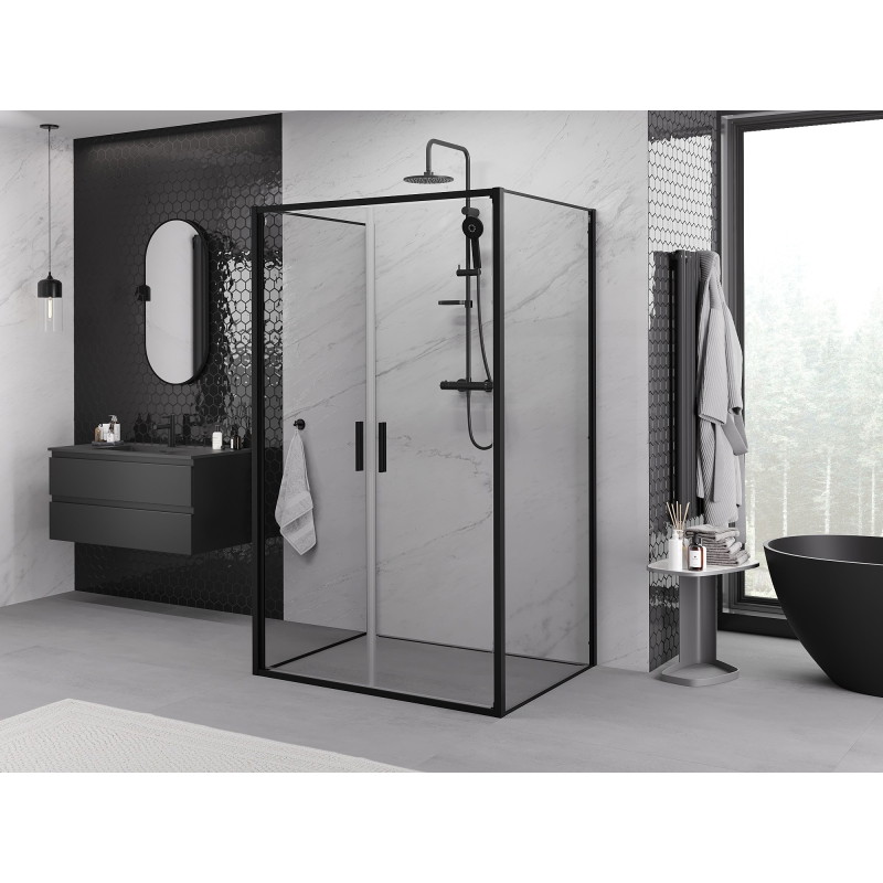 Mexen Exo-B Duo 3S trijų sienelių stiklo dušo kabina, atverčiama 120 x 90 cm, skaidri, juoda - 814-120-090-70-00-3S