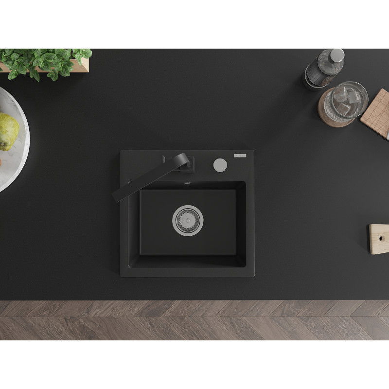 Mexen Milo granito kriauklė 1-skyrelio su virtuviniu maišytuvu Rita, juoda - 6505-77-670300-70