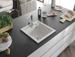 Mexen Vito vienos kameros granito plautuvė su Rita virtuviniu maišytuvu, balta - 6503-20-670300-00