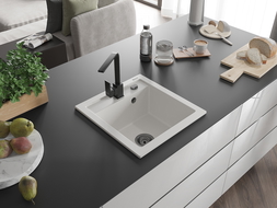 Mexen Vito granito kriauklė su vienu skyriumi ir virtuviniu maišytuvu Rita, balta - 6503-20-670300-70