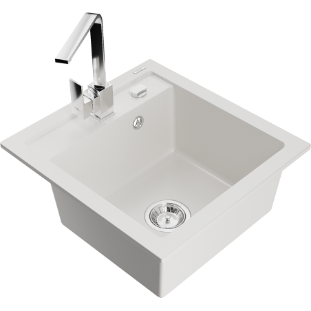 Mexen Vito vienos kameros granito plautuvė su Rita virtuviniu maišytuvu, balta - 6503-20-670300-00