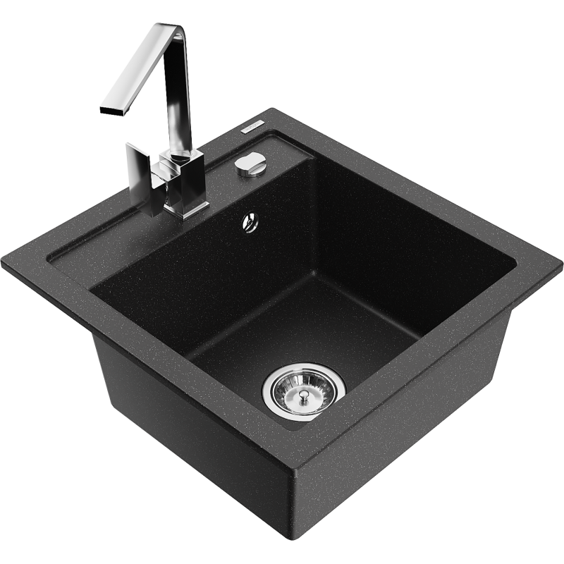 Mexen Vito granitinė vienos plautuvės kriauklė su virtuviniu maišytuvu Rita, juoda/sidabrinė metalo spalva