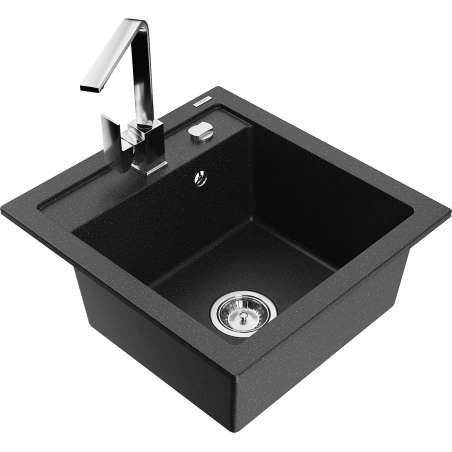 Mexen Vito granitinė vienos plautuvės kriauklė su virtuviniu maišytuvu Rita, juoda/sidabrinė metalo spalva