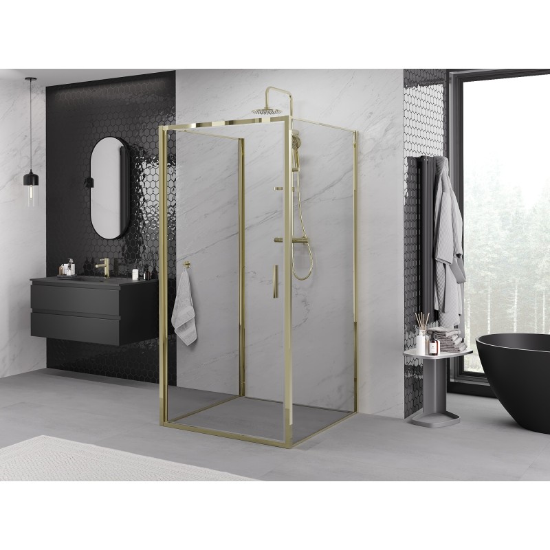 Mexen Exo-3S dušo kabina 3-jų sienų atveriama 85 x 85 cm, permatoma, auksinė - 817-085-085-50-00-3S