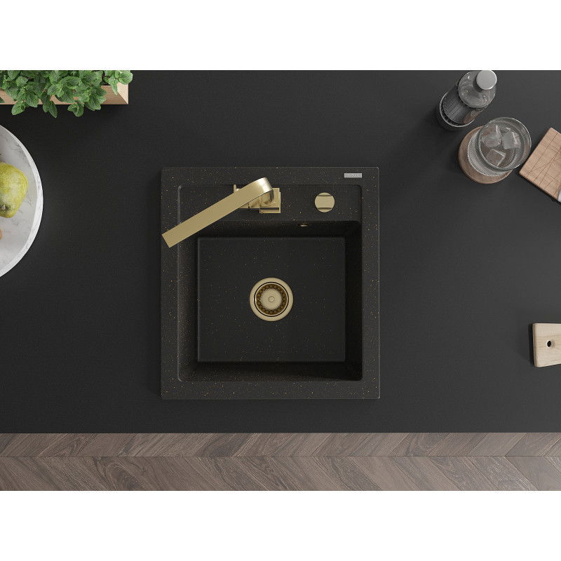 Mexen Vito granito plautuvė su Rita virtuviniu maišytuvu, juoda/auksinė metalo spalva - 6503-75-670300-50