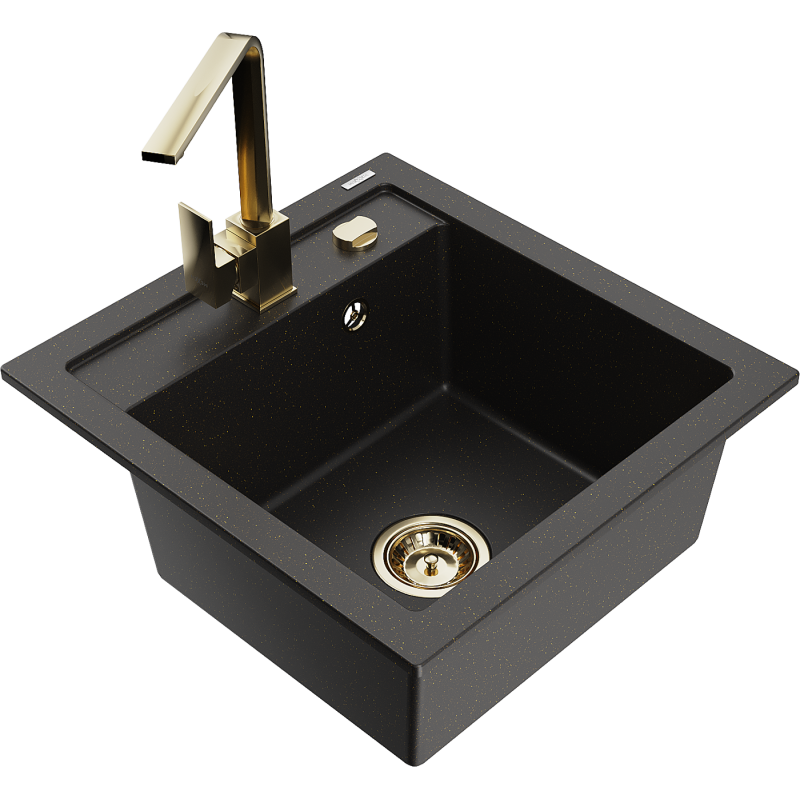 Mexen Vito granito plautuvė su Rita virtuviniu maišytuvu, juoda/auksinė metalo spalva - 6503-75-670300-50