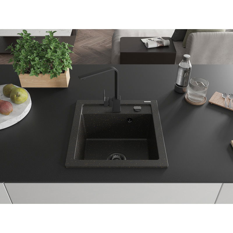 Mexen Vito granito kriauklė su viena kamera ir virtuviniu maišytuvu Rita, juoda/auksinis metalikas - 6503-75-670300-70-B