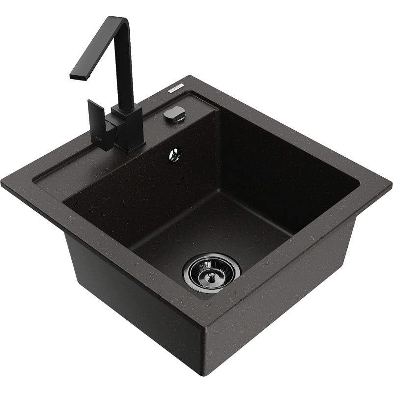 Mexen Vito granito kriauklė su viena kamera ir virtuviniu maišytuvu Rita, juoda/auksinis metalikas - 6503-75-670300-70-B