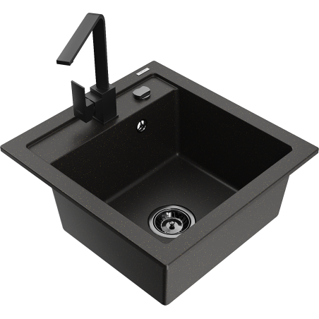 Mexen Vito granito kriauklė su viena kamera ir virtuviniu maišytuvu Rita, juoda/auksinis metalikas - 6503-75-670300-70-B