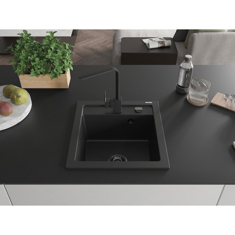 Mexen Vito granito plautuvė 1-skyrelio su virtuvės maišytuvu Rita, juodas - 6503-77-670300-70-B
