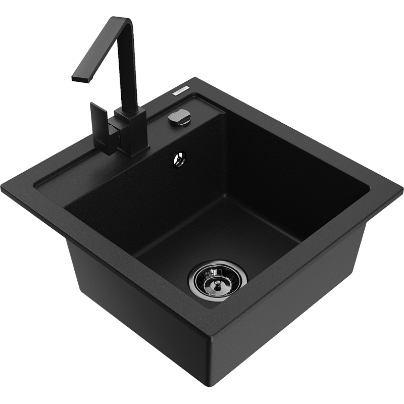 Mexen Vito granito plautuvė 1-skyrelio su virtuvės maišytuvu Rita, juodas - 6503-77-670300-70-B