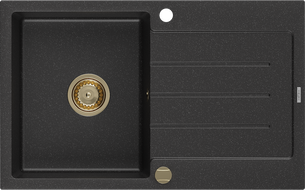 Mexen Bruno granito plautuvė 1-skyriaus su drenažu 795 x 495 mm, juoda/sidabrinis metalikas, auksinė sifonas - 6513791010-73-G