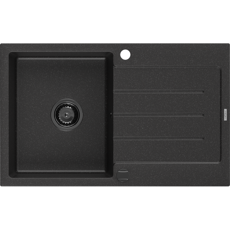 Mexen Bruno granitinė vienos kameros plautuvė su nusausintuvu 795 x 495 mm, juoda/sidabrinė metalo spalva, juodas sifonas