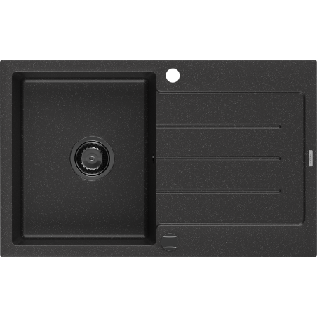Mexen Bruno granitinė vienos kameros plautuvė su nusausintuvu 795 x 495 mm, juoda/sidabrinė metalo spalva, juodas sifonas