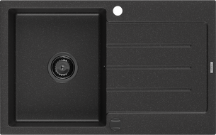 Mexen Bruno granitinė vienos kameros plautuvė su nusausintuvu 795 x 495 mm, juoda/sidabrinė metalo spalva, juodas sifonas