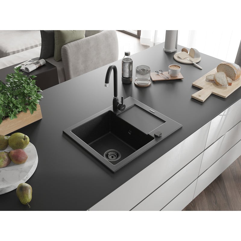 Mexen Enzo granitinė vienos kameros plautuvė su nusausinimo lenta 576 x 465 mm, juoda/sidabrinis metalo atspalvis, juodas