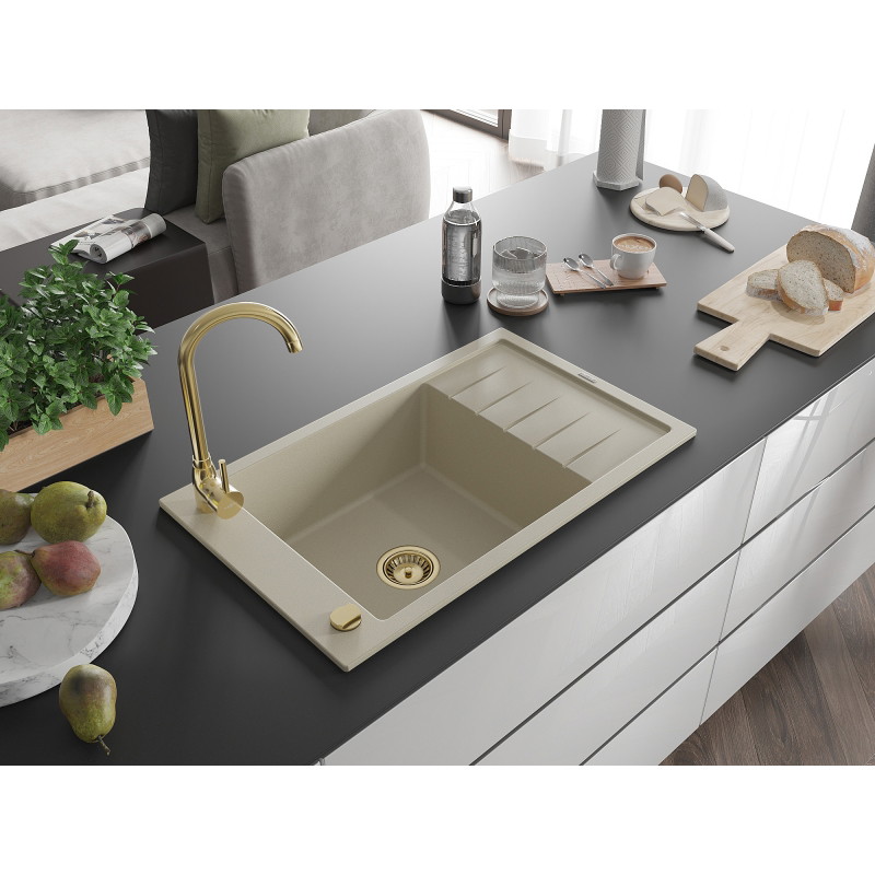Mexen Elias vienos sekcijos granitinė kriauklė su nusausintuvu 795 x 480 mm, smėlio spalvos, aukso sifonas - 6511791005-69-G