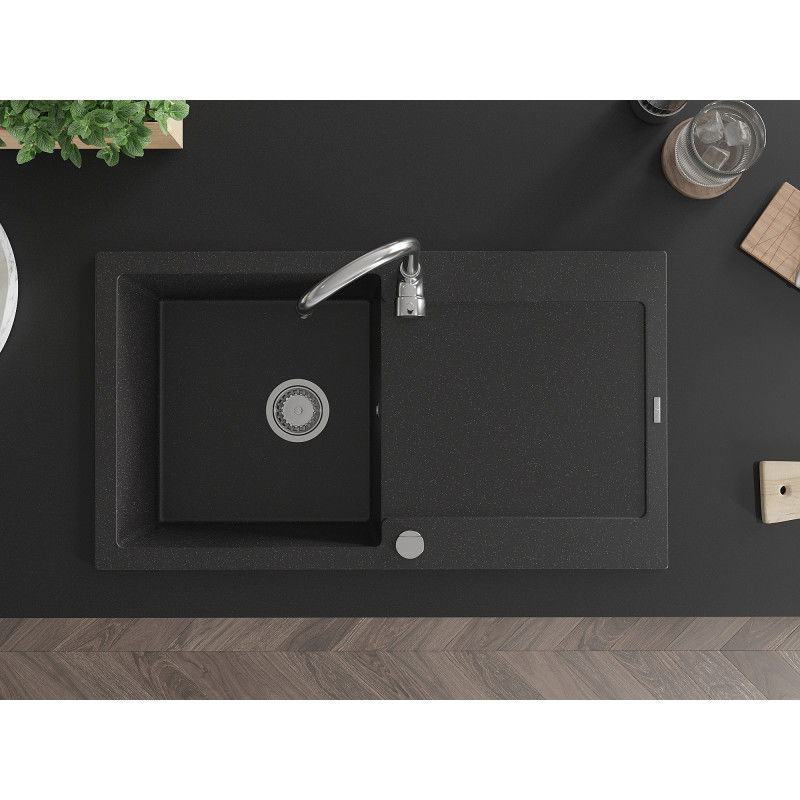 Mexen Leo granitinė vienos kameros kriauklė su nubėgėju 900 x 500 mm, juoda/sidabrinis metalikas, chromuotas sifonas