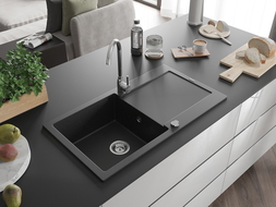 Mexen Leo granitinis plautuvės 1 kamera su džiovykla 900 x 500 mm, juoda/sidabrinis metalikas, chromuotas sifonas - 6501901010-?
