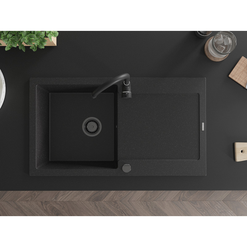 Mexen Leo granitinė vienos kameros kriauklė su nusausintuvu 900 x 500 mm, juoda/sidabrinis metalikas, juodas sifonas