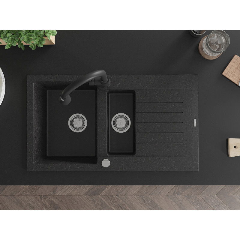 Mexen Matias granitinė kriauklė su 1,5 kameromis ir nutekėjimu 900 x 505 mm, juodos/sidabrinės metalikos spalvos, chromuotas