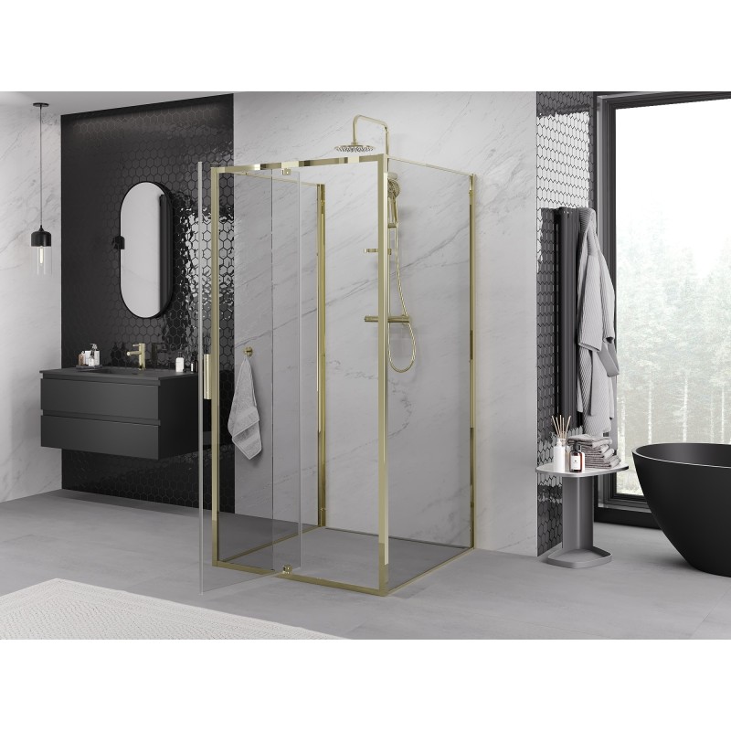 Mexen Exo-3S trijų sienų atsidaranti dušo kabina 120 x 120 cm, skaidri, auksinė - 819-120-120-50-00-3S