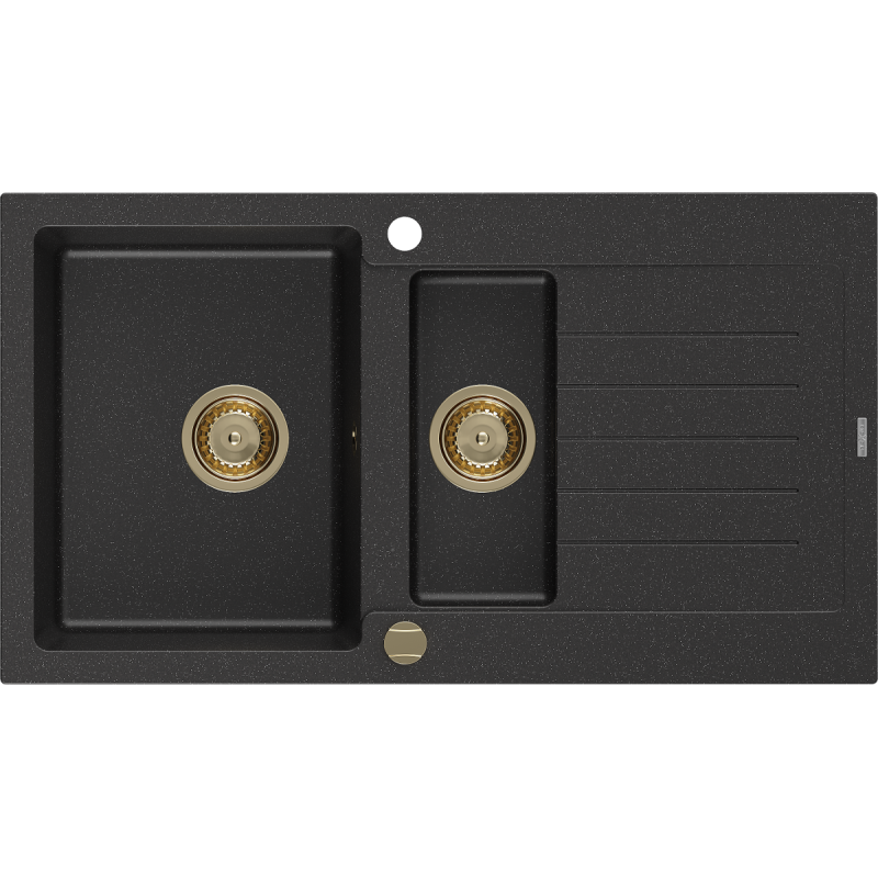 Mexen Matias granitinė kriauklė 1,5 skyrių su drenažu 900 x 505 mm, juoda/sidabrinė metalo, aukso sifonas - 6502901505-73-G