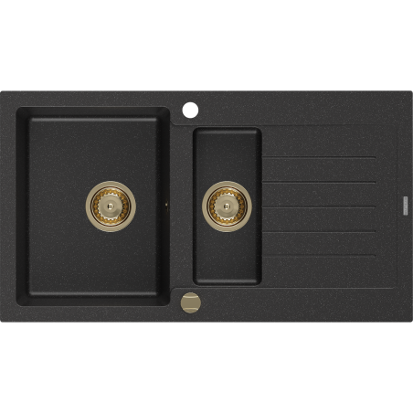 Mexen Matias granitinė kriauklė 1,5 skyrių su drenažu 900 x 505 mm, juoda/sidabrinė metalo, aukso sifonas - 6502901505-73-G