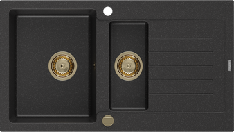 Mexen Matias granitinė kriauklė 1,5 skyrių su drenažu 900 x 505 mm, juoda/sidabrinė metalo, aukso sifonas - 6502901505-73-G