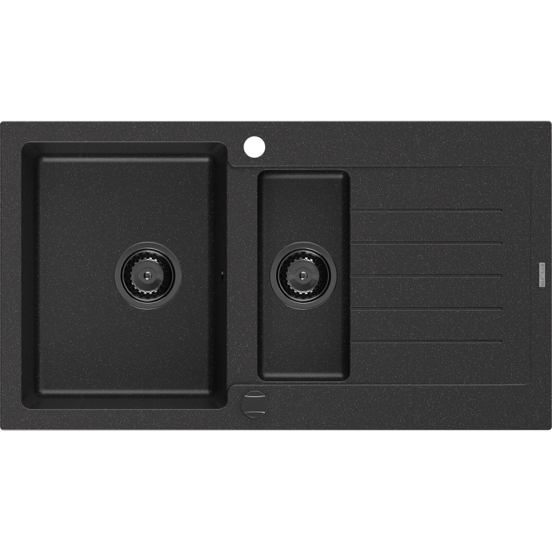 Mexen Matias granitinė plautuvė 1,5 komoros su nutekamuoju paviršiumi 900 x 505 mm juoda/sidabrinis metalikas, juodas sifonas