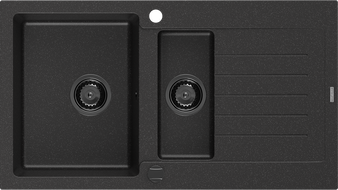 Mexen Matias granitinė plautuvė 1,5 komoros su nutekamuoju paviršiumi 900 x 505 mm juoda/sidabrinis metalikas, juodas sifonas