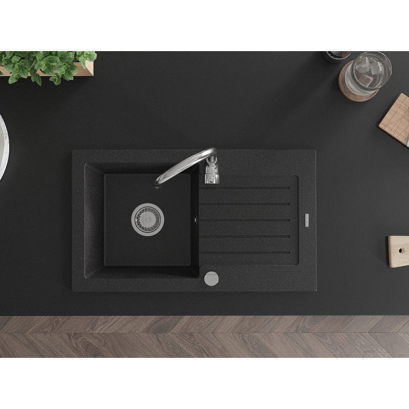 Mexen Pablo granitinė plautuvė su viena kamera ir lašintuvu 752 x 436 mm, juoda/sidabrinė metalo spalva, chromuota sifonas
