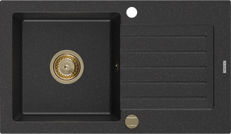 Mexen Pablo granitinė vienos kameros plautuvė su nusausintuvu 752 x 436 mm, juoda/sidabrinė metalo spalva, auksinis sifonas
