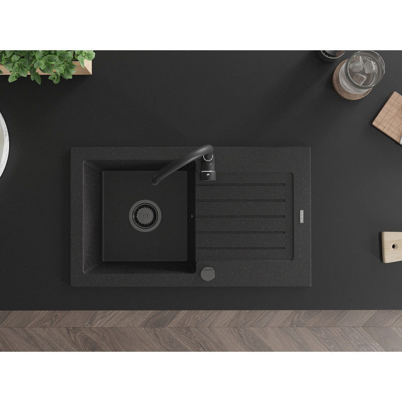 Mexen Pablo granitinė vieno dubens plautuvė su nutekėjimo plokštele 752 x 436 mm, juoda/sidabrinė metalika, juodas sifonas