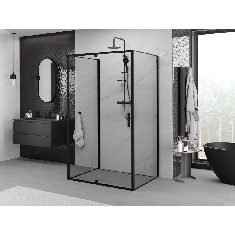 Mexen Exo-3S 3 sienelių atveriama dušo kabina 95 x 80 cm, permatoma, juoda - 819-095-080-70-00-3S