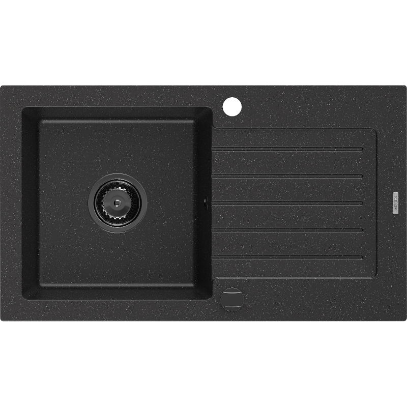 Mexen Pablo granitinė vieno dubens plautuvė su nutekėjimo plokštele 752 x 436 mm, juoda/sidabrinė metalika, juodas sifonas