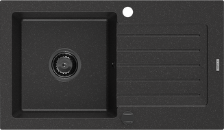 Mexen Pablo granitinė vieno dubens plautuvė su nutekėjimo plokštele 752 x 436 mm, juoda/sidabrinė metalika, juodas sifonas