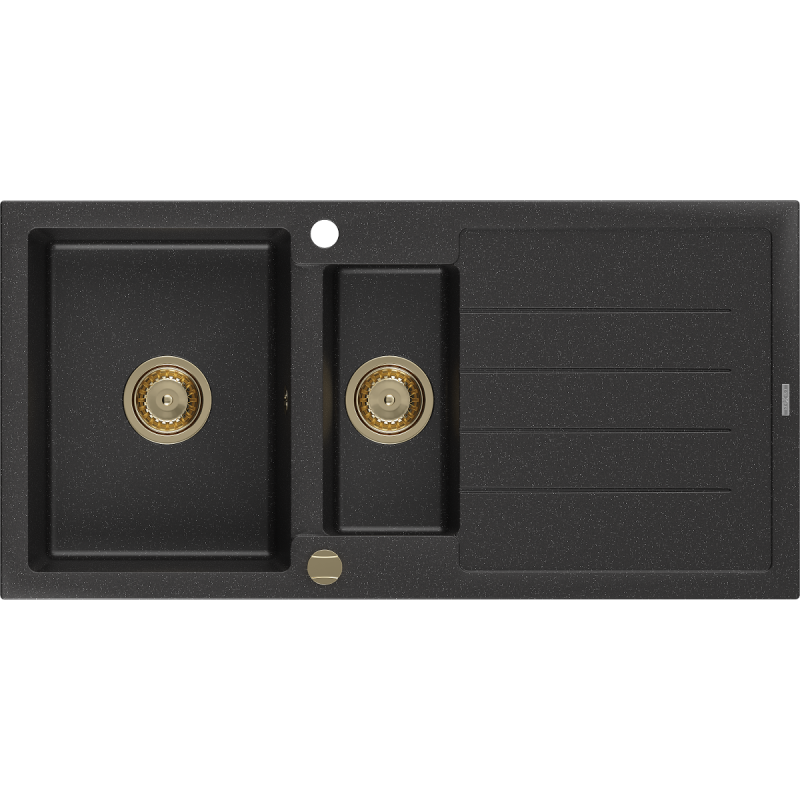 Mexen Andres granitinė 1,5 kamerų kriauklė su nutekėjimu, 1000 x 500 mm, juodos/sidabrinės metalo spalvos, auksinis sifonas