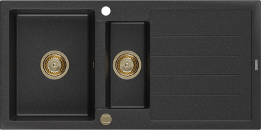 Mexen Andres granitinė 1,5 kamerų kriauklė su nutekėjimu, 1000 x 500 mm, juodos/sidabrinės metalo spalvos, auksinis sifonas