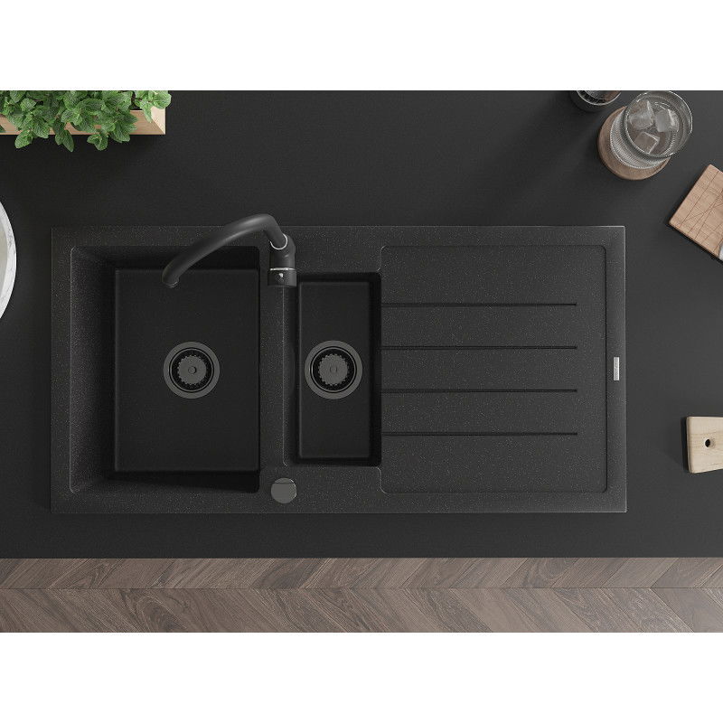 Mexen Andres granito plautuvė 1,5 skylių su drenažu 1000 x 500 mm juoda/sidabrinė metalik sifonas juodas - 6515101510-73-B