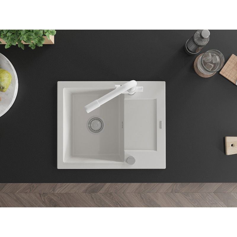 Mexen Enzo granitinė vienos plautuvės kriauklė su nubėgimo zona ir Duero virtuviniu maišytuvu, balta - 6506-20-671600-20