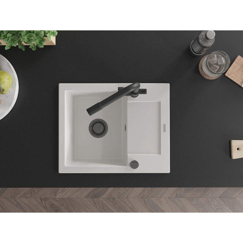Mexen Enzo granito virtuvės plautuvė su 1 skyriumi ir nusausintuvu bei Duero virtuviniu maišytuvu, balta - 6506-20-671600-70