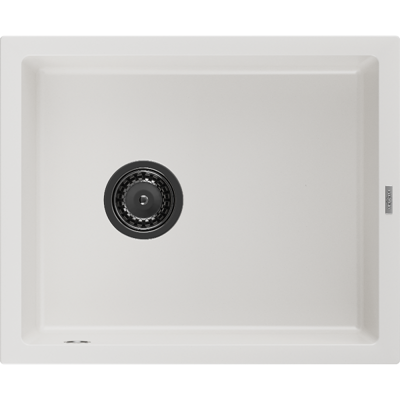 Mexen Pedro granito kriauklė su vienu dubeniu 560 x 460 mm, balta, juodas sifonas - 6508561000-20-B