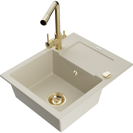 Mexen Enzo granitinė vienos dubens kriauklė su nusausintuvu ir virtuvės čiaupu Duero, smėlio spalvos - 6506-69-671600-50