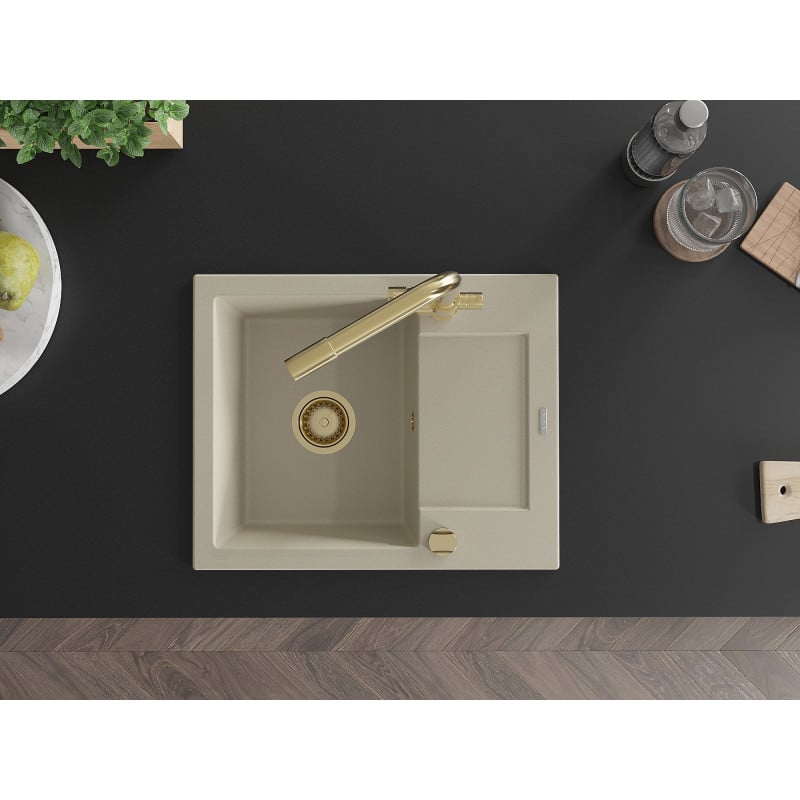 Mexen Enzo granitinė vienos dubens kriauklė su nusausintuvu ir virtuvės čiaupu Duero, smėlio spalvos - 6506-69-671600-50