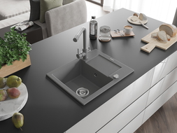 Mexen Enzo akmens masės virtuvės kriauklė su viena talpa, nusausintuvu ir maišytuvu Duero, pilka - 6506-71-671600-71