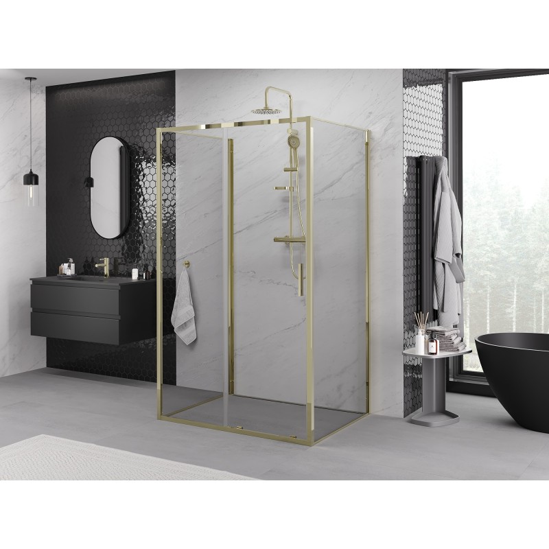 Mexen Exo-3S trijų sienelių stumdomas dušo kabinas 135 x 85 cm, skaidrus, auksinis - 8151-135-085-50-00-3S